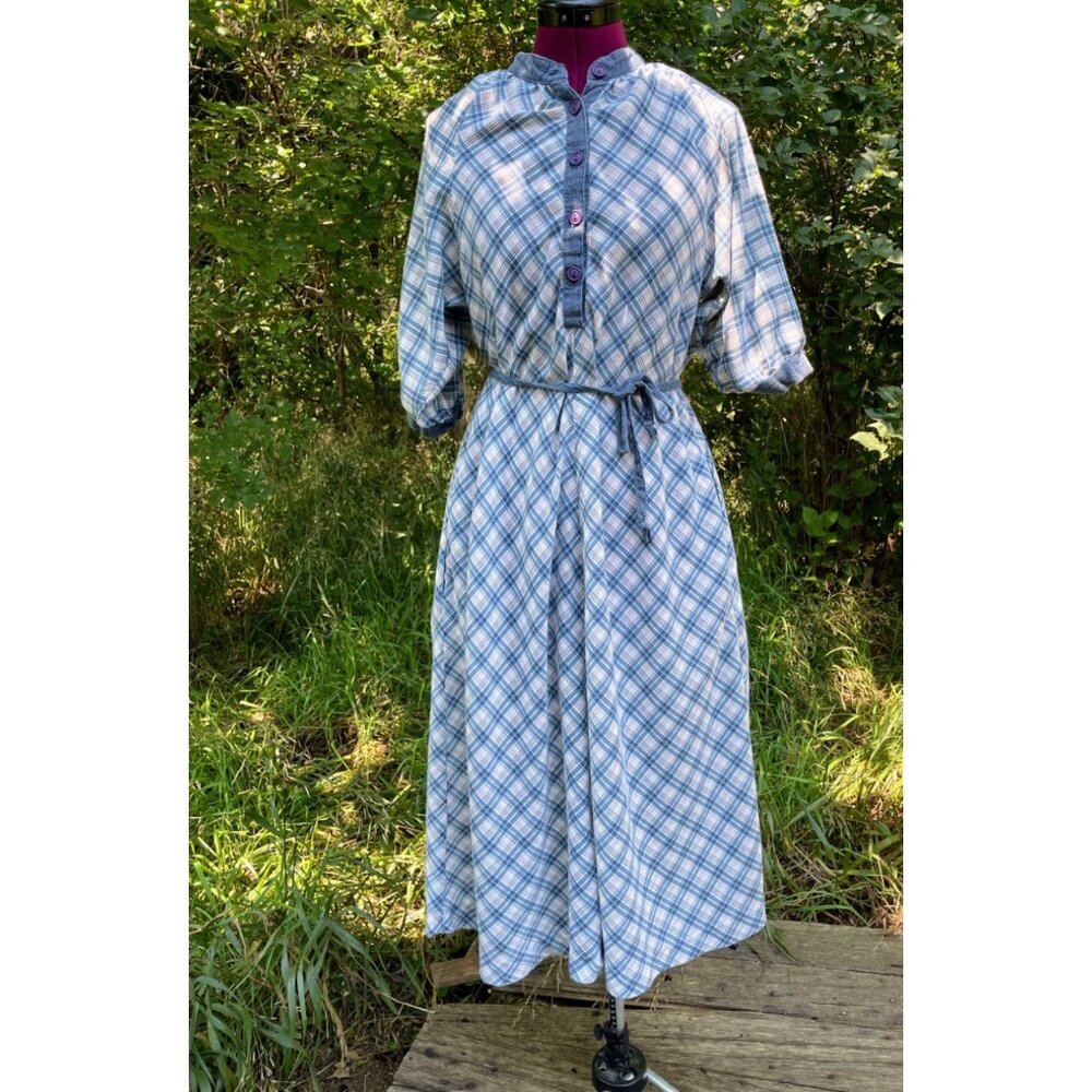 Vintage 1970s Chambray Blue Plaid Dress Rosani Size 8 - Picture 2 of 16